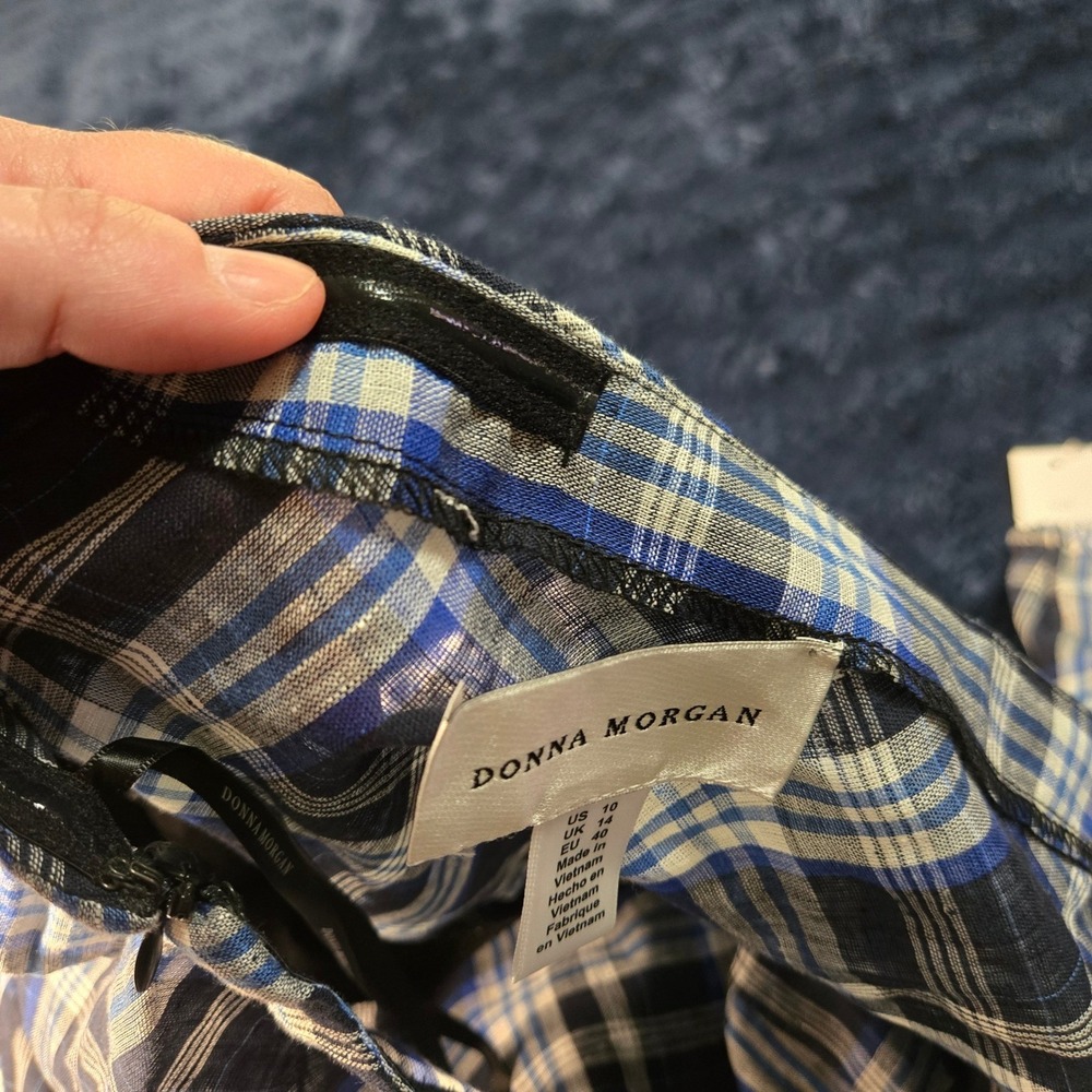 Donna Morgan One Shoulder Plaid Linen Blend Ruffle Dress Blue Tan Womens 10 NEW - Picture 9 of 9